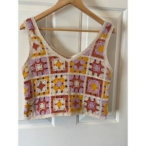 Rebellion Again Crochet Granny Square Patchwork Tank Top Multicolor Boho Large